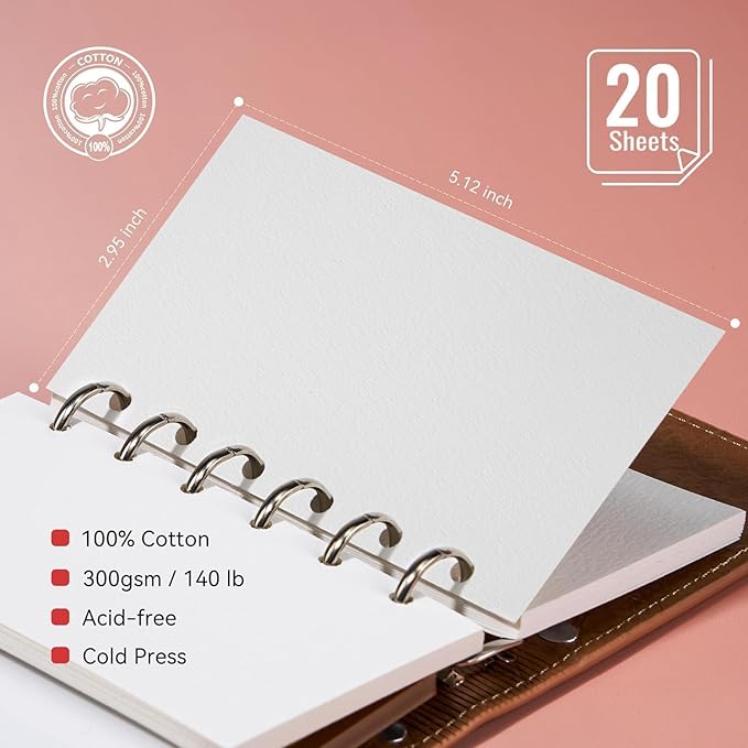 Portable Watercolor Sketchbook Set - 100% Cotton 5.1x3.0 Inch Cold Press 20 Sheets Binder Art Journal with 18-Well Ceramic Paint Palette & Travel Watercolor Brushes for Artists Outdoor Painting