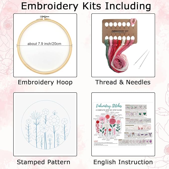 Nuberlic Embroidery Kit for Beginners -Floral Easy Embroidery Kits for Adults Starter Cross Stitch Kit DIY Needlepoint with Step-by-Step Instruction