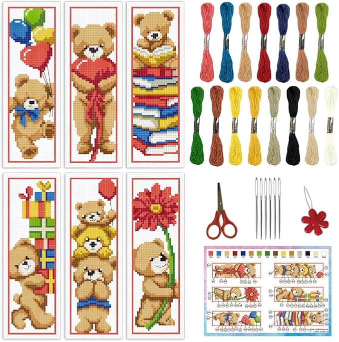 INFUNLY 6PCS Brown Bear DIY Cross Stitch Bookmark Kits 8.5"×2.9" Cute Bear Stamped Embroidery Kits with Instructions Balloons Gift Box Needlepoint Bookmark Kits for Book Lovers Readers Writers
