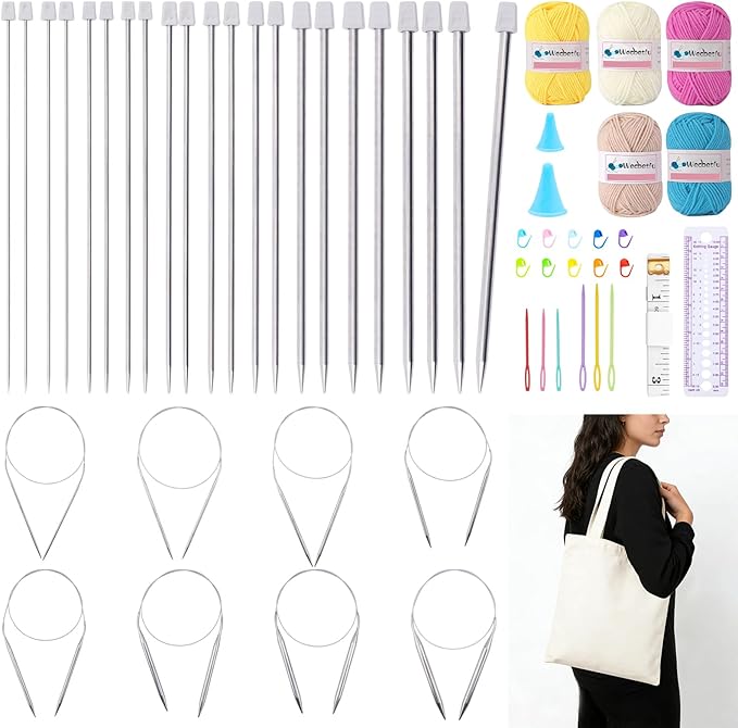 Weabetfu Knitting Needles Set,22Pcs 10inch Knitting Needles Set and 8Pcs 32inch Circular Knitting Needle Set Include Yarn with Canvas Bag,Knitting Kits for Beginners & Knitters