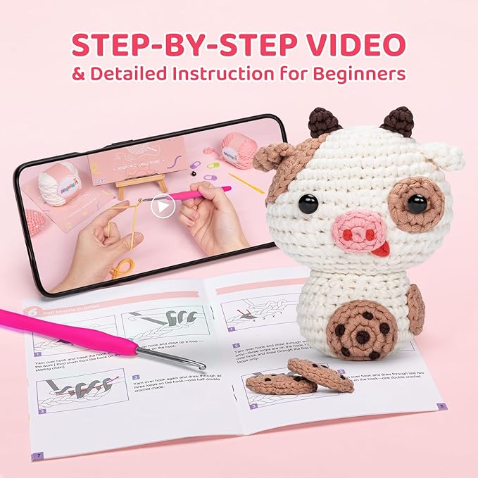 Mewaii Crochet Kit for Beginners Level 2 with 40% Extra Eco-Friendly Pre-Started Easy Yarn, Step-by-Step Video Tutorials for Adults and Kids (Cookie Cow)