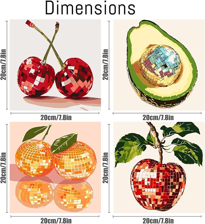 Canrichshop 4 Pack Disco Ball DIY Paint by Number Beginners,Fruit Oil Painting Adults' Paint-by-Number Kits,Acrylic Paint Kit with Frame for All Ages,Easy Paint by Numbers Kids on Canvas 8x8inch