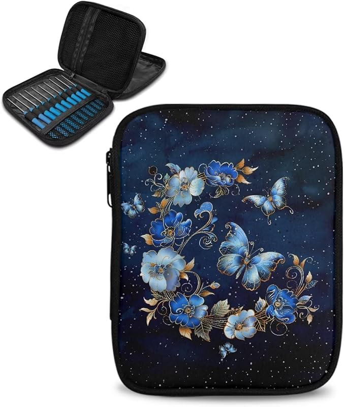 Hechitok Butterfly Flower Crochet Hook Case Without Hooks and Accessories Zipper Storage Organizer Bag with Web Pockets for Various Crochet Needles Accessories Crochet Hook Kit Tools