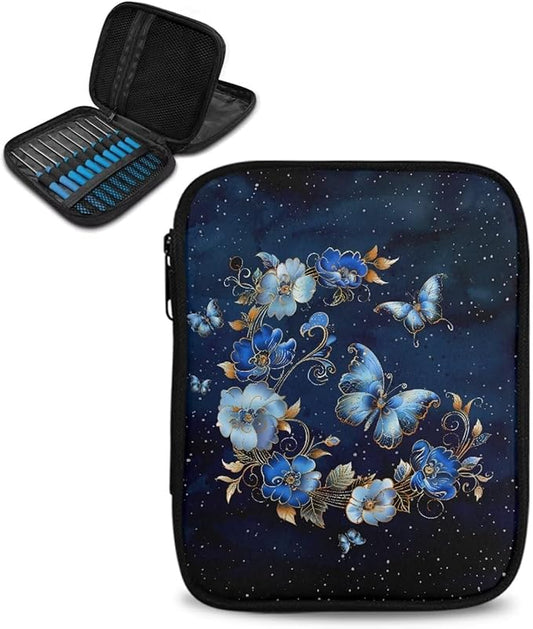 Hechitok Butterfly Flower Crochet Hook Case Without Hooks and Accessories Zipper Storage Organizer Bag with Web Pockets for Various Crochet Needles Accessories Crochet Hook Kit Tools
