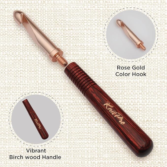 KnitPro Oasis Chunky Crochet Set - 1 Wooden Handle, 7 Hooks in Sizes 5.5mm to 10mm, 1 Rose Gold Scissors, 1 Tape Measure, 10 Metal Locking Stitch Markers, 1 Gripper