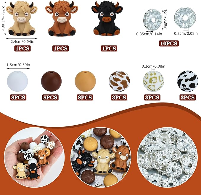 46 Pcs 15mm Silicone Round Beads Bulk for Keychain Bracelets Making and Other Handmade Crafts (Cow)