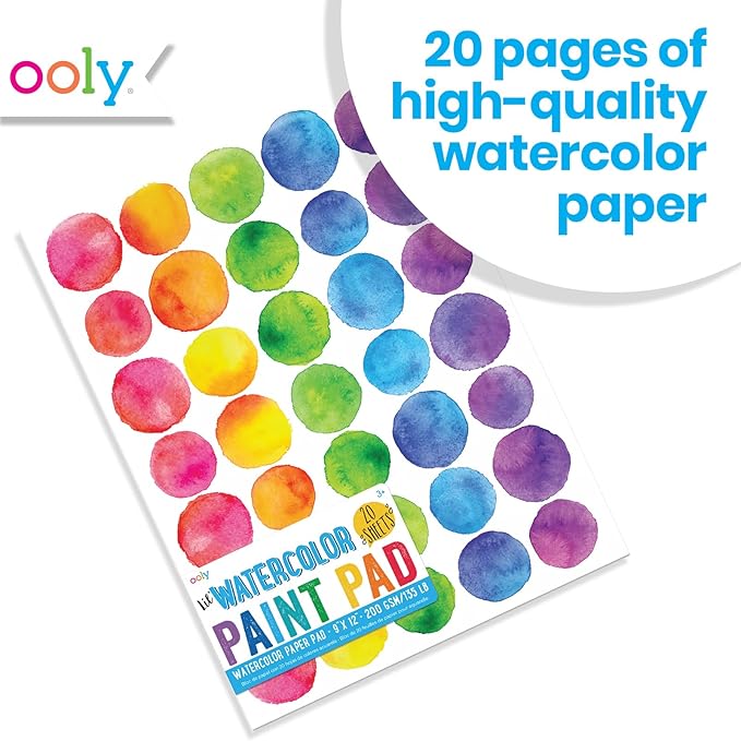 OOLY Lil Watercolor Paint Pad for Kids - 20 Sheets Watercolor Paper Pad 9x12 Inch, 200 GSM Acid Free - No Bleed Watercolor Paint Pad, Ages 3 and Up