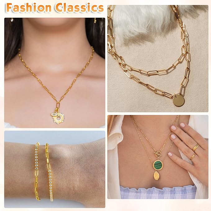 43ft Gold Chain for Jewelry Making 18k Gold Plated Stainless Steel Paperclip Chain Roll for Charm Bracelet Necklace Jewelry DIY Craft Accessories with 10 Pcs Lobster Clasps and 30 Pcs Jump Rings