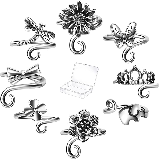 8 PCS Crochet Rings Sunflower Crown Cat Dog Butterfly Four-Leaf Clover Adjustable Yarn Tension Ring Knitting Tools Supplies Crochet Gifts for Crocheters