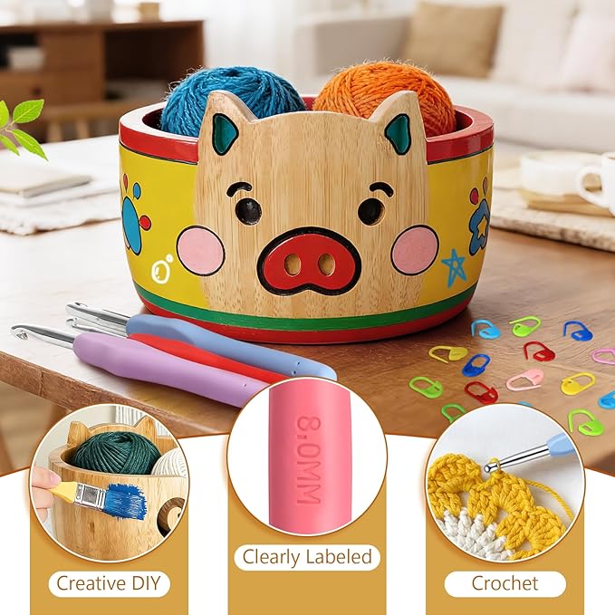 Wooden Pig Yarn Bowl Set, 6.7in x 4.1in Large Yarn Bowl for Crocheting, Complete Crochet Accessories Kit with 12 Size Crochet Hooks, Tape Measure, Counter, Scissors & Storage Bag