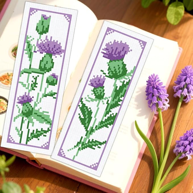ORIGACH 6 Set Cirsium Cross Stitch Bookmark Kit for Beginners Include Cotton Thread, Aida Cloth, Backing Felt and English Instructions, Embroidery Bookmark Kit for Book Lovers
