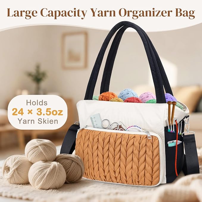 DALINDA Crochet Bag Organizer,Yarn Bag and Tote- Yarn Storage with Multiple Pockets for Crochet Supplies, Knitting Bag for Gifts,Portable & Durable(Brown)