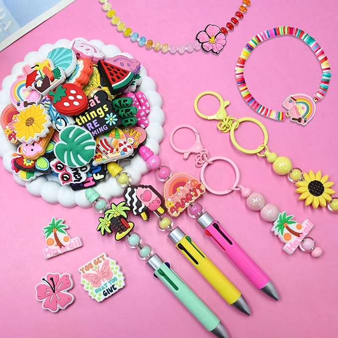 Silicone Focal Beads for Pens Summer Accessory Kit 60 Pcs Colorful Round Beads for Keychain Making Bracelet Necklace Handmade Crafts
