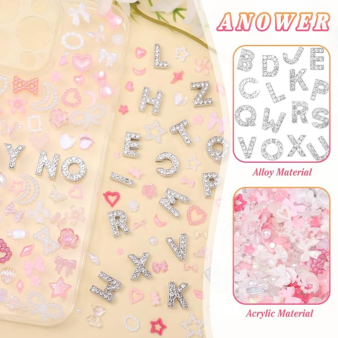 330 Pcs Junk Phone Case Charms 26 Pcs A-Z Rhinestone Alphabet Letter Charm, Mix Pink Color White Flower Bow Heart Pearls Flatback Resin Charms Letter Junk Cases Kit for DIY Crafts