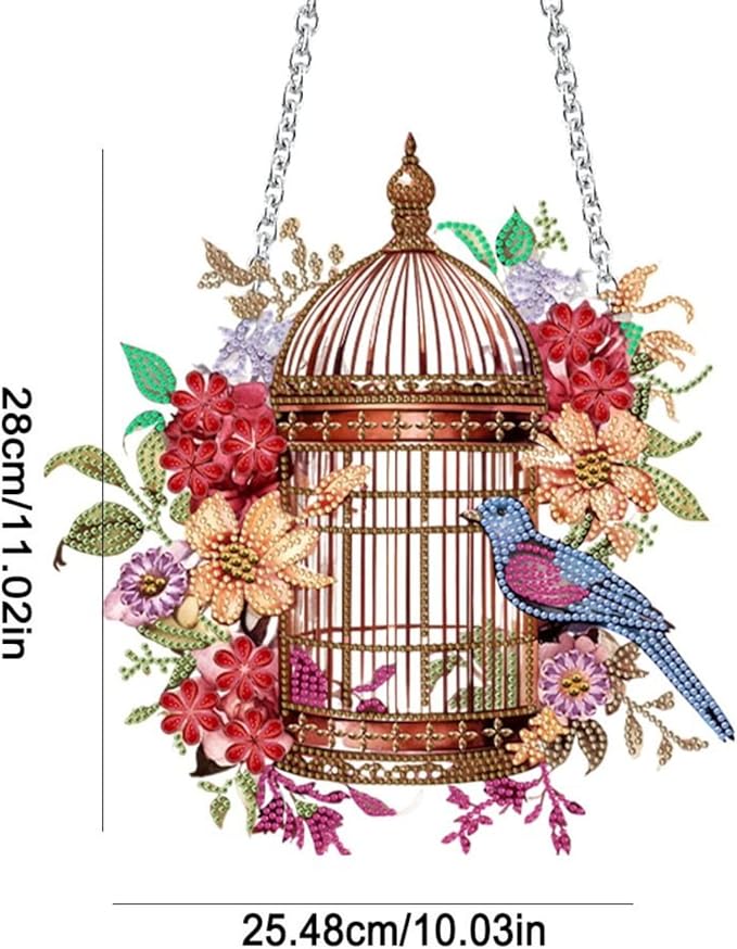 Flower Birdcage Design DIY Diamond Art Painting Wreath Kits Special Shaped Rhinestone Diamond Art Window Pendants Home Garden Wall Hanging Kits (Single Side Point Drill) (#11-Cat) (#03-Bird)
