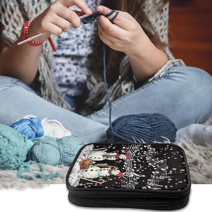 Hechitok Christmas Snowman Music Empty Crochet Hook Case Portable Travel Crochet Storage Bag Organizer Zipper Bags with Web Pocket and Crochet Holder Slots for Crochet Knitting Accessories