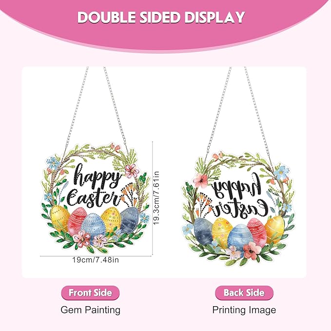 NEWENMO Happy Easter Day DIY Hanging Diamond Art Pendant Kit, Special Crystal Diamond Painting Ornament Kit for Adults Beginners, Double Sided Acrylic Board Gem Painting Box Kits, Colored Easter Eggs