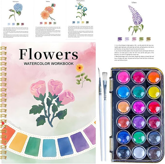 Watercolor Workbook Spring Flowers Coloring Book with 18 Colors Water Color Tutorial Instruction Painting Book Travel Kit Paint Set for Adults Beginners Artists