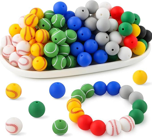 70Pcs Print Silicone Beads for Keychain Making,Round 15mm Silicone Beads for Pens, Necklace and Bracelets Making（Ball Print）