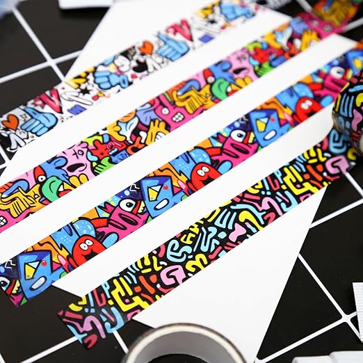 12 Rolls Washi Tape Set,6 Design Colorful Graffiti Decorative Tape Street Art Doodle Masking Tape for Journaling Supplies, Junk Journal, Scrapbooking, DIY Arts & Crafts, Planner, Gift Wrapping