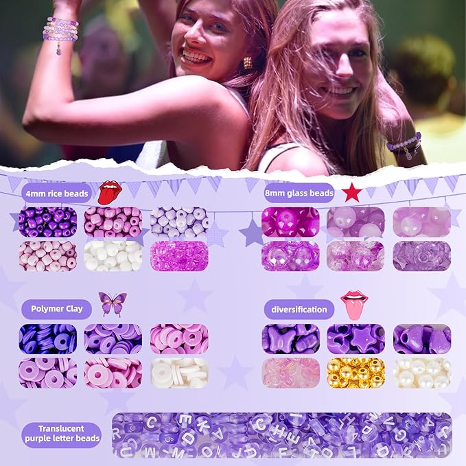 Goldwise Jewelry Making Bead Kit for Adults – Purple Glass & Clay Beads with Letter Beads and Charms, DIY Bracelets & Fashion Accessories Supplies