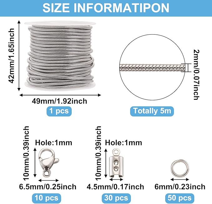 Pandahall 16.4 Ft 2mm Stainless Steel Snake Chains with 50Pcs Jump Ring 10Pcs Lobster Claw Clasps 30Pcs Folding Crimp Ends Jewelry Making Kits for Chain Necklace DIY