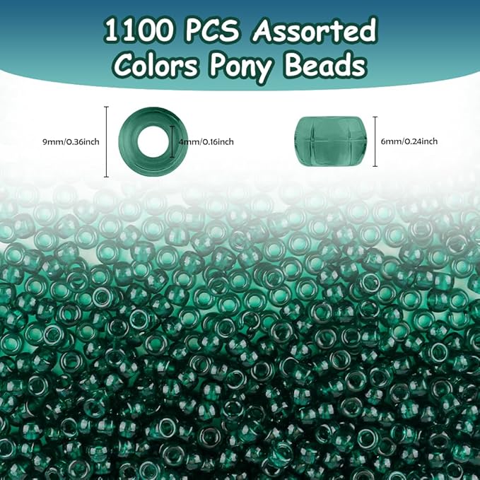 anpiwshjo pony beads 1100 pcs, beads for jewelry making, beads for bracelets making, hair beads, bracelet beads, plastic beads for crafts, hair beads for braids for girls (trans-green)