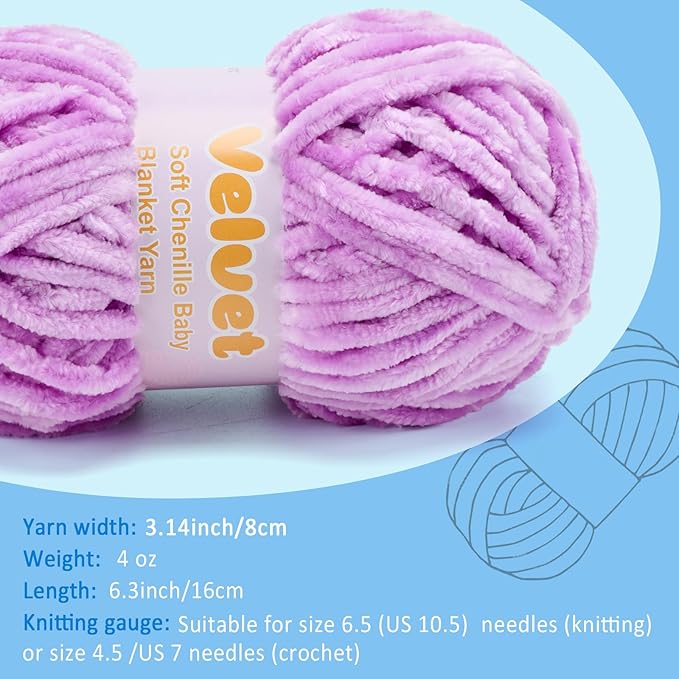 Velvet Yarn Chenille Yarn for Crocheting and Knitting Soft Chenille Bulky Baby Blanket Yarn DIY Weaving Craft 2pack Purple(4oz 66yds Each)