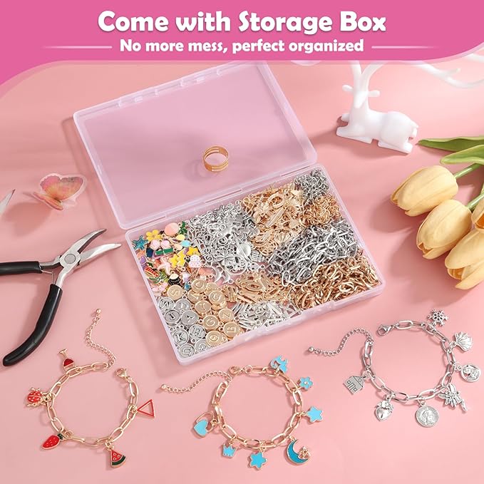 Charm Bracelet Making Kit for Adults & Teens, 477Pcs DIY Charm Bracelet Set with Gold & Silver Charms, Paperclip Chain Bracelets, Alphabet Charms, Complete Jewelry Making Supplies for Crafting