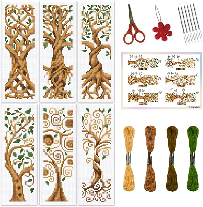 ORIGACH 6 Set Tree of Life Cross Stitch Bookmark Kit for Beginner with Backing Felt Floss Instructions DIY Stamped Embroidery Bookmark Kit for Adults, Book Lovers