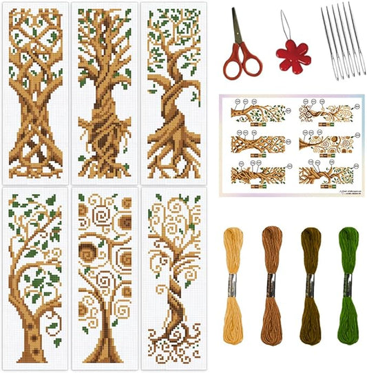 ORIGACH 6 Set Tree of Life Cross Stitch Bookmark Kit for Beginner with Backing Felt Floss Instructions DIY Stamped Embroidery Bookmark Kit for Adults, Book Lovers