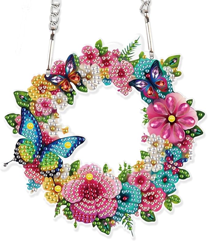 AiYuanzsh 5D DIY Diamond Art Hanging Pendant Kit, Wreath Flower Butterfly Diamond Painting Ornament DIY Special Shaped Crystal Pendant for Door Wall Window Home Xmas Valentine’s Day Gift