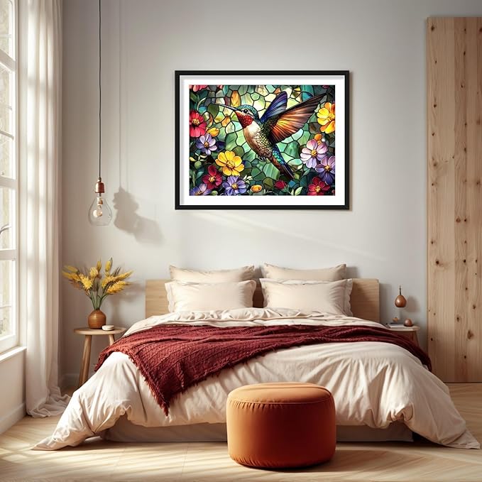 Hummingbird Diamond Art Paintings Flowers 5D Diamond Painting Kits for Adults Beginners DIY Stained Glass Diamond Art Kits Full Drill Gem Art Crafts for Adults Bird Wall Art Decor Gift 16x12 Inch