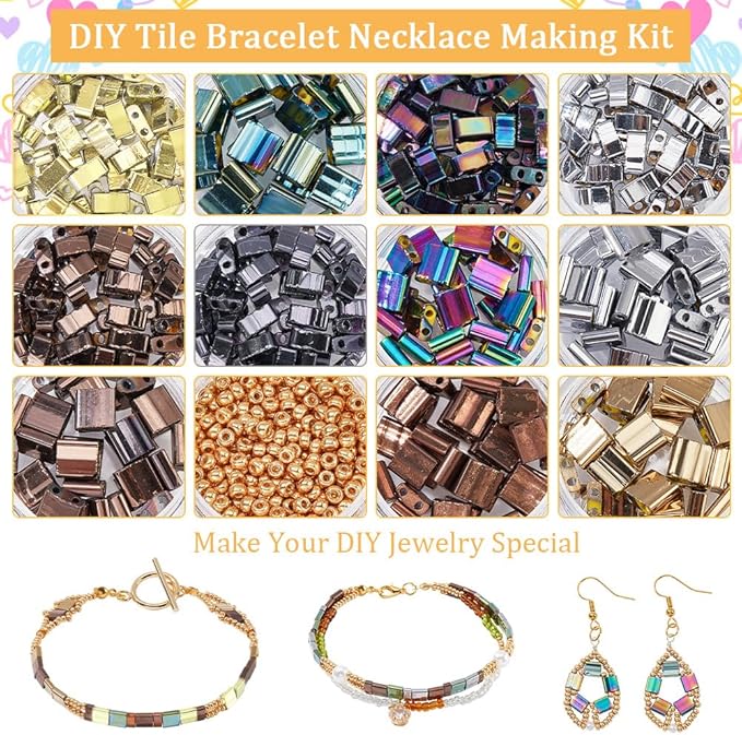 NBEADS About 480 Pcs 2-Hole Beads Kit, Metallic Colors Glass Seed Beads Kit Including Elastic Thread Pliers Cutter and About 344 Pcs Glass Seed for Jewelry Bracelet Earring Making