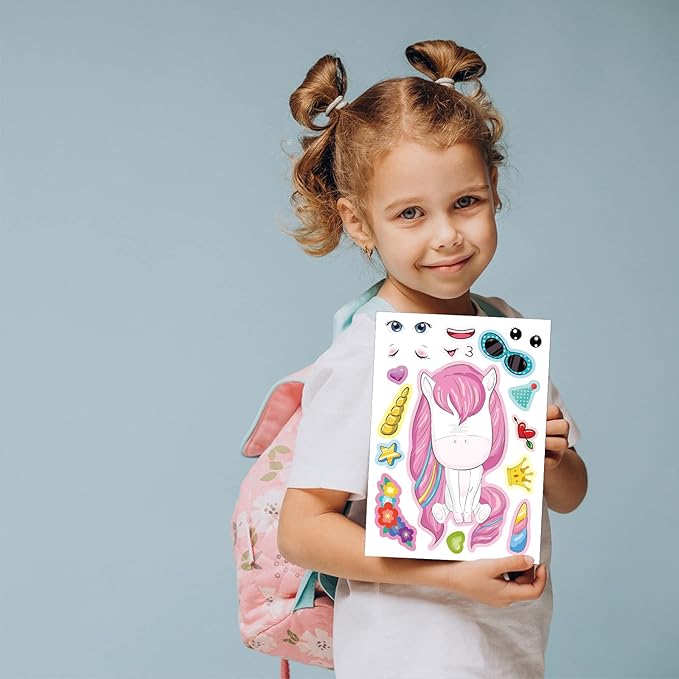 24 sheets 8.27''×5.9'' make your own unicorns stickers for kids toddlers, make a face stickers for kids party favors activities
