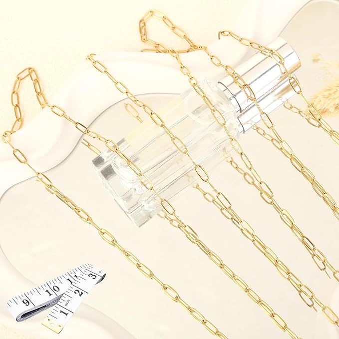 16Ft Stainless Steel Paperclip Chain for Jewelry Making, 3.5mm Width Gold Plated Paper Clip Link Chains Roll for DIY Necklace Bracelet Jewelry Making Supplies with Lobster Clasps Soft Tape Measure
