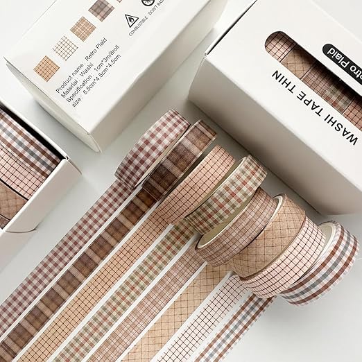 YUBX Vintage Washi Tape Set 8 Rolls Thin Retro Decorative Antique Patterns Masking Tapes for Arts, DIY Crafts, Journals, Planners, Scrapbook, Wrapping (Retro Plaid)