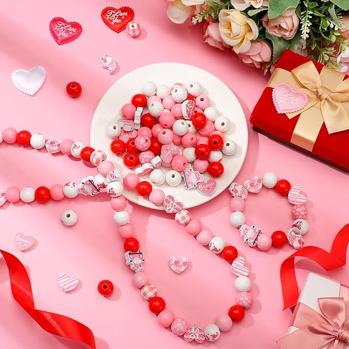 Waydress 200 Pcs Valentines Day Wooden Beads Hearts Beads Pink Red Farmhouse Beads Colorful Round Wooden Beads Natural Loose Beads for DIY Crafts Garland Wedding Home Decor
