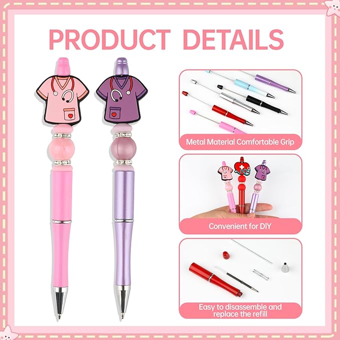 12 Set Hospital Theme Plastic Beadable Pens DIY Set, Assorted Bead Pens Crystal Round Spacer Pendant Set Black Ink DIY Ballpoint for Teachers, Women Men Gift Office Supplies
