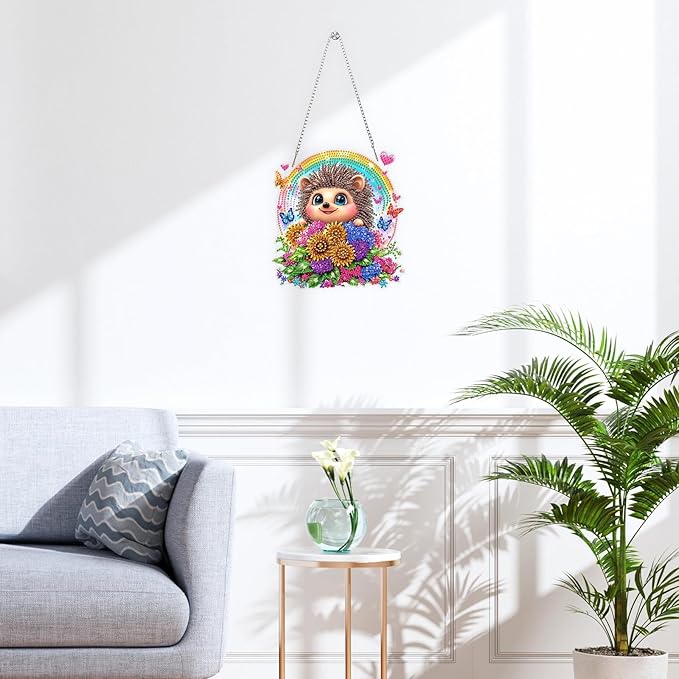QENSPE Diamond Painting Art Hanging for Adults, Cute Hedgehog Special Shape Diamond Paingting Ornaments Kits with Chain, DIY Flowers Crystal Window Pendants for Home Wall Decor Gifts 20X20 cm