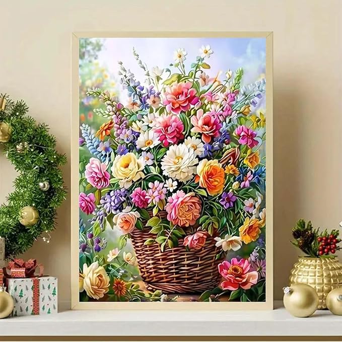 GEMFAMILY Flowers Diamond Art Kits for Adults,Floral Basket Diamond Painting Kits for Beginners,DIY Full Round Drill Diamond Dots Gem Art Crafts Kits for Home Decor 12 x 16 inch