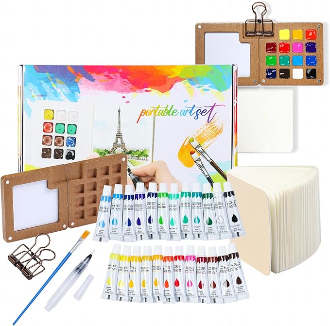 Mini Watercolor Paint Set, Travel Watercolor Paint kit with 24 Colors, Refillable Brush & Sketchbook, Ideal Watercolor Palette for Travel, Creative Painting Kit for Beginners and Artists(15 Gird)
