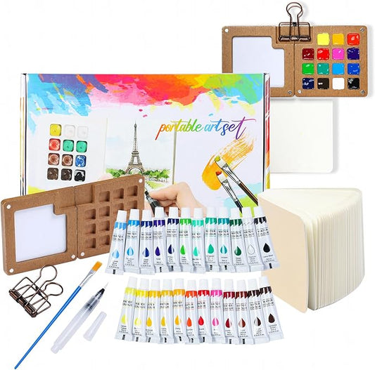 Mini Watercolor Paint Set, Travel Watercolor Paint kit with 24 Colors, Refillable Brush & Sketchbook, Ideal Watercolor Palette for Travel, Creative Painting Kit for Beginners and Artists(15 Gird)