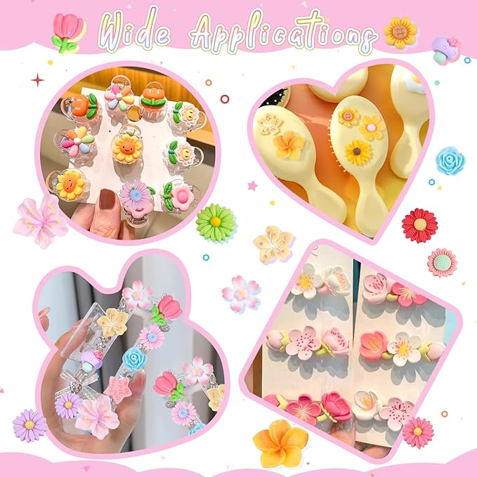100PCS Flower Slime Charms Cute DaisyFlatback Resin Charms for Slime, Kawaii Random Decoden Charm for Embellishments Phone Junk Case Charms Bulk,Hairpins Scrapbooking Crafting DIY Decor
