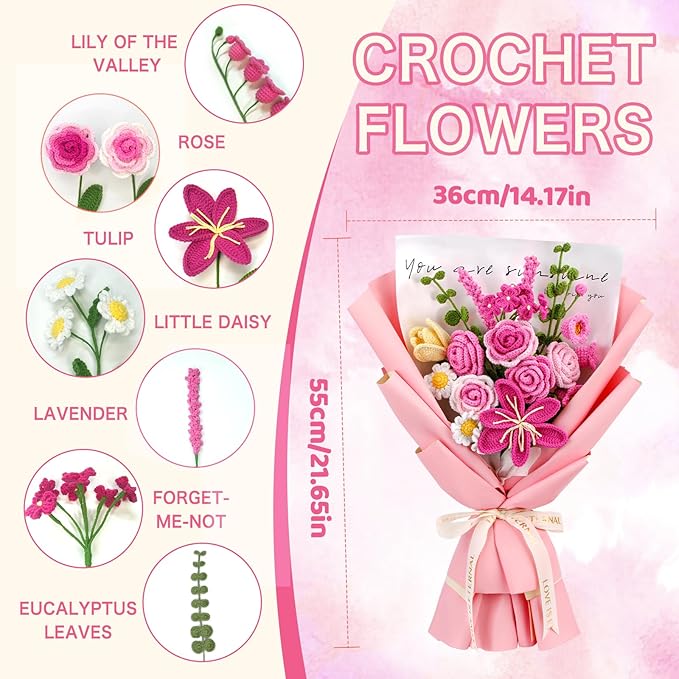 Iuuidu Crochet Kit for Beginners, Rose-Pink Flower Bouquet Crochet Kit, Knitting Kit with Step-by-Step Video Tutorials for Woman Birthday Anniversary Day Weddings Party Present, Home Decor