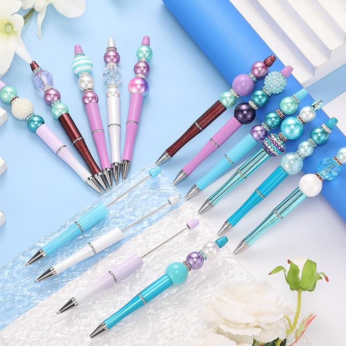Geyee 15 Pcs Plastic Beadable Pens Assorted Bead Pens Multicolor Bubblegum Crystal Spacer Beads, Black Ink Ballpoint DIY Set, Back to School Gift for Student Summer Ocean Party Gifts(Ocean Color)