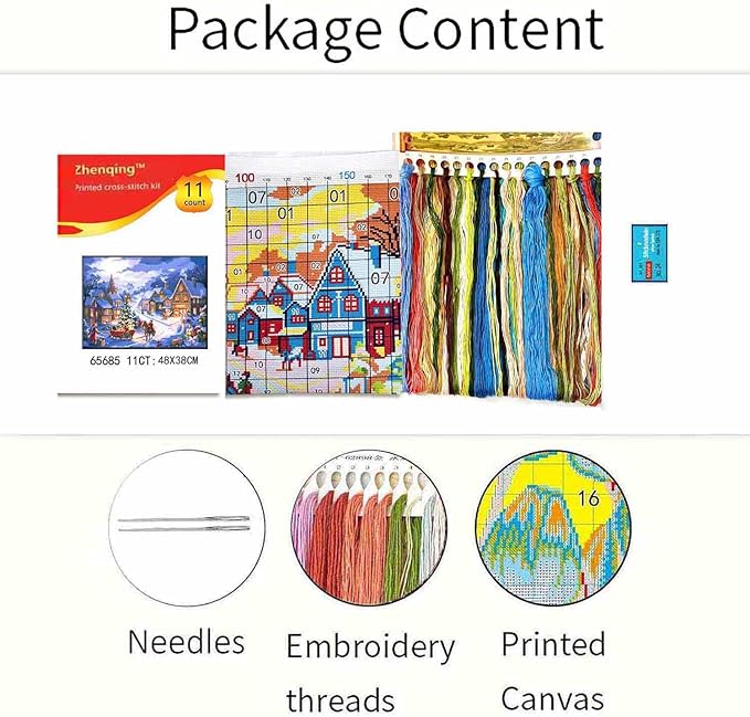 Zhenqing Christmas Snow Village Printed Cross Stitch Kit - 11CT 38x48cm with Threads, Needle & Pattern, No Hoop Needed for Beginners(65685)