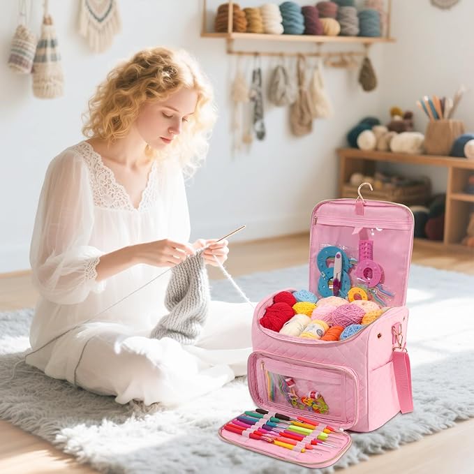 Knitting Bag- Crochet Bags for on The go,Yarn Storage Organizer, Perfect for Knitting and Crochet Accessories(Pink)