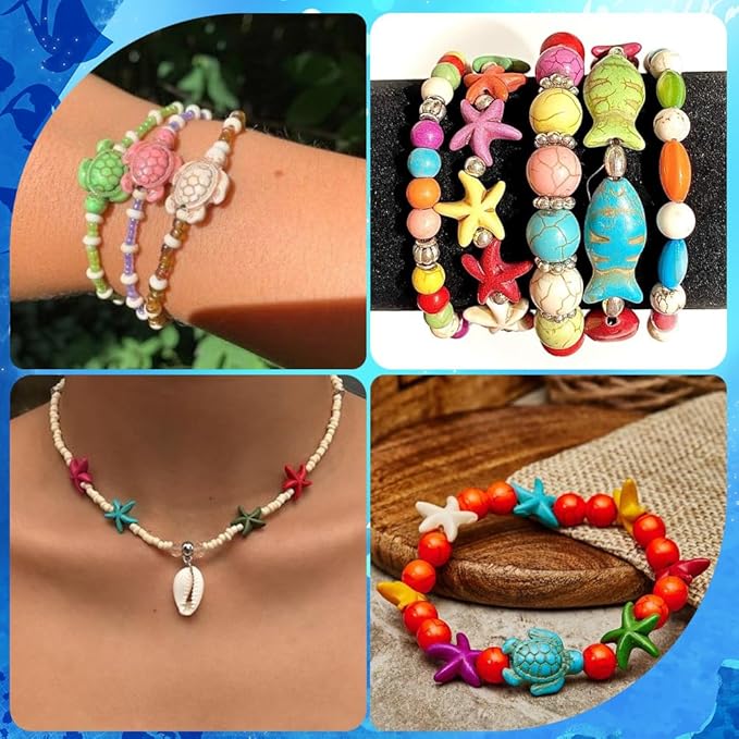SUNNYCLUE 1 Box 200+Pcs Turtle Beads Starfish Beads Bulk Bohemian Style Natural Shell Charms Colorful Fish Charm Summer Ocean Sea Animal 8mm Round Glass Spacers for Jewelry Making Beading Kits