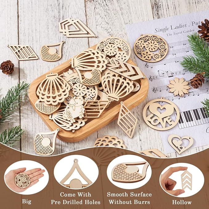 100pcs Natural Unfinished Hollow Wooden Pendants Filigree Blank Wood Cutouts Assorted Flower Leaf Wood Pieces for Earring Pendants Jewelry Crafts Making